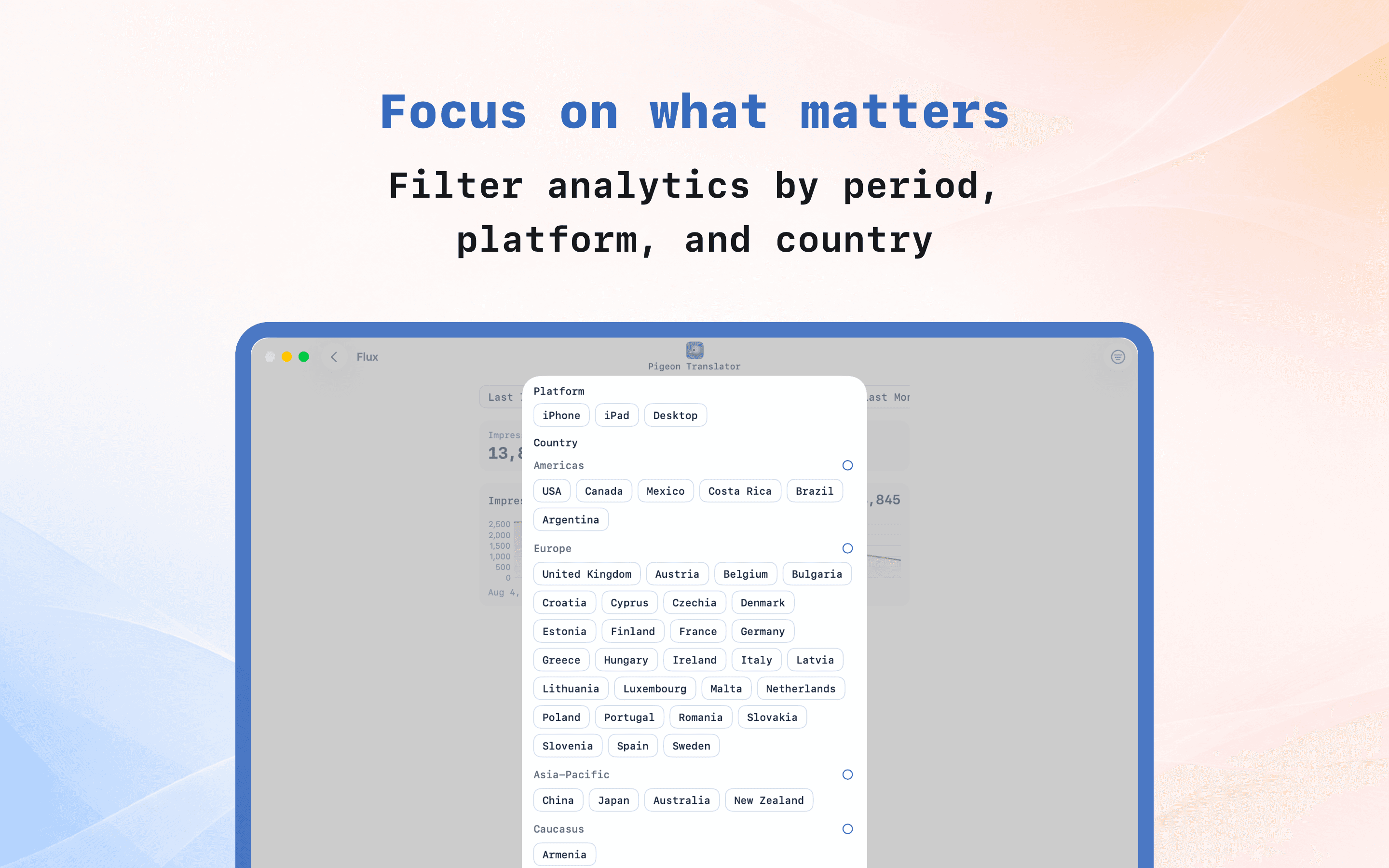 Flux analytics filters for platform and country